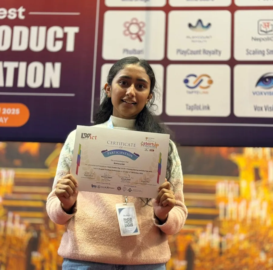 Rubina Pokhrel, Full Stack Developer, holding a startup fest certificate