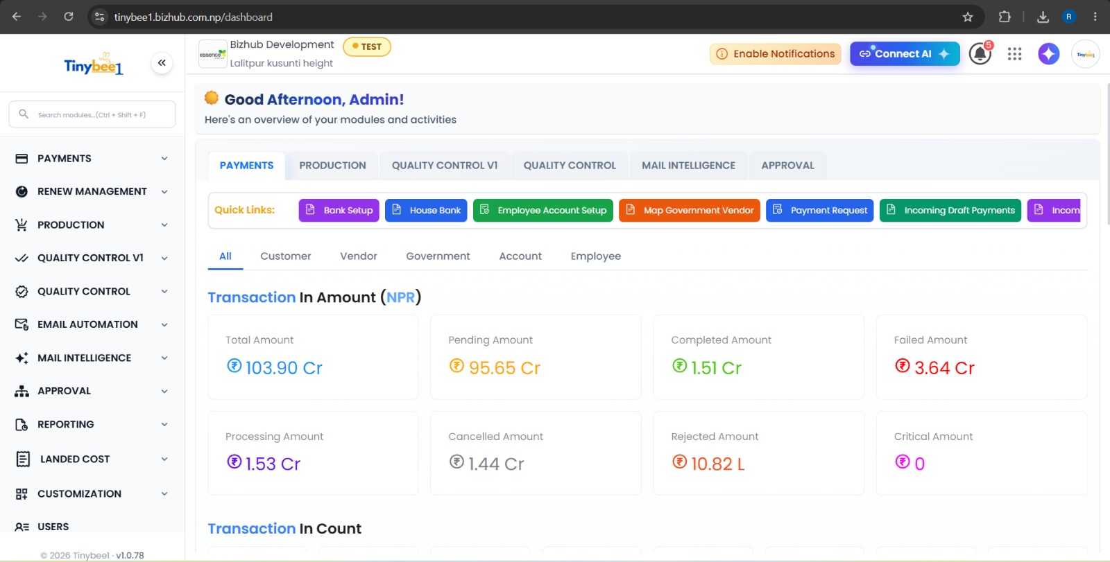 TinyBee1 ERP dashboard with navigation for payments, manufacturing, quality control and Mail OCR AI
